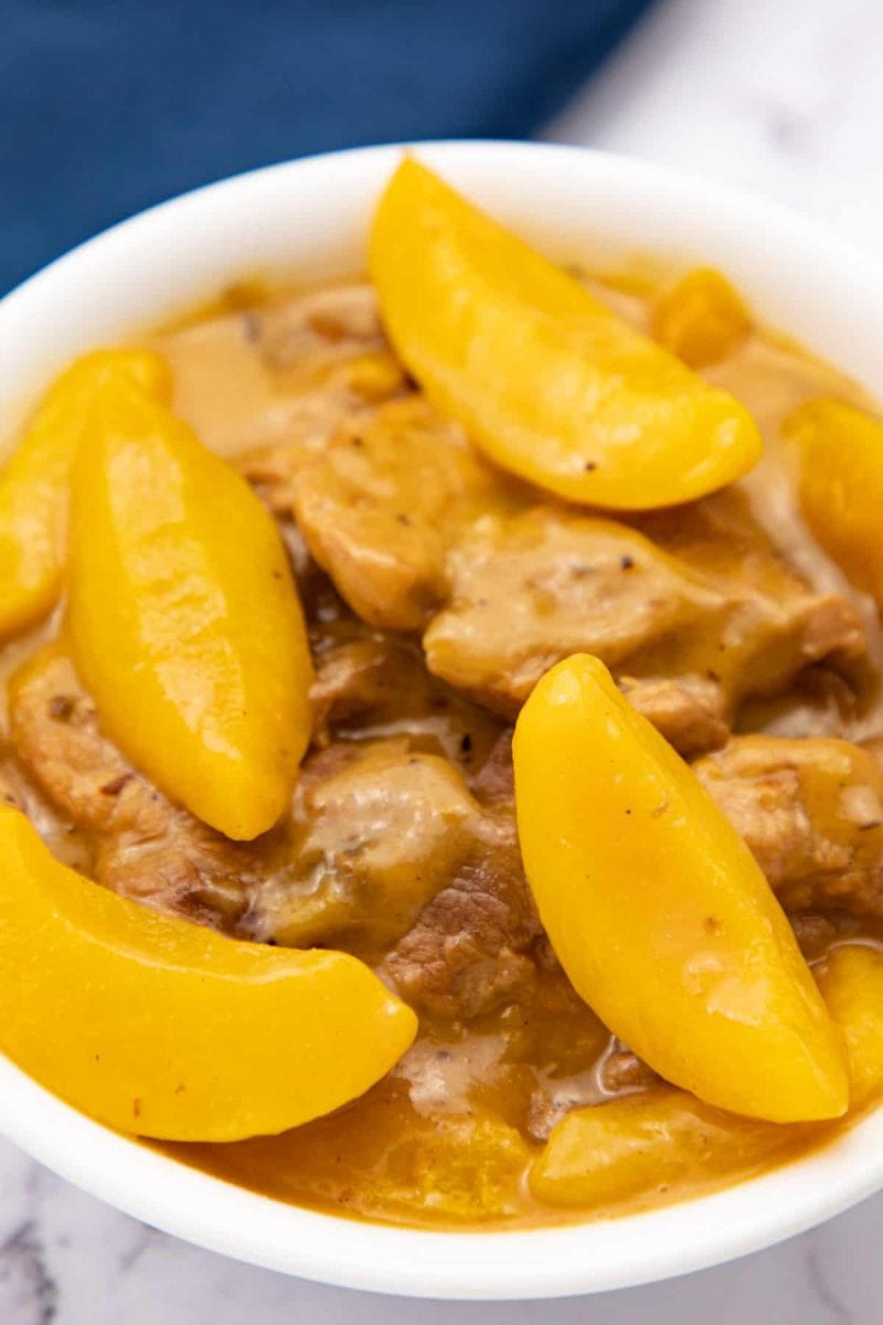 Creamy Peaches and Pork in a bowl