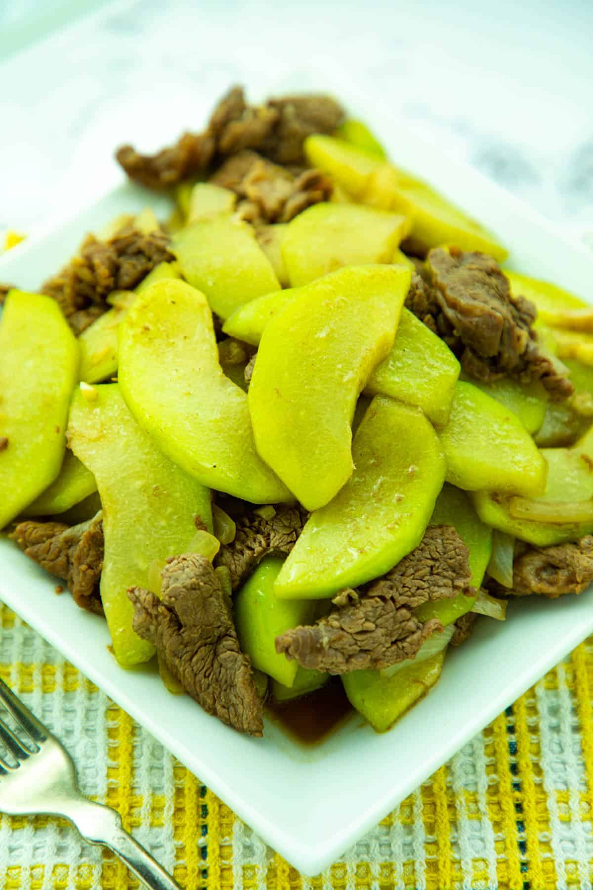 Sauteed Beef and Chayote Squash in a white square plate