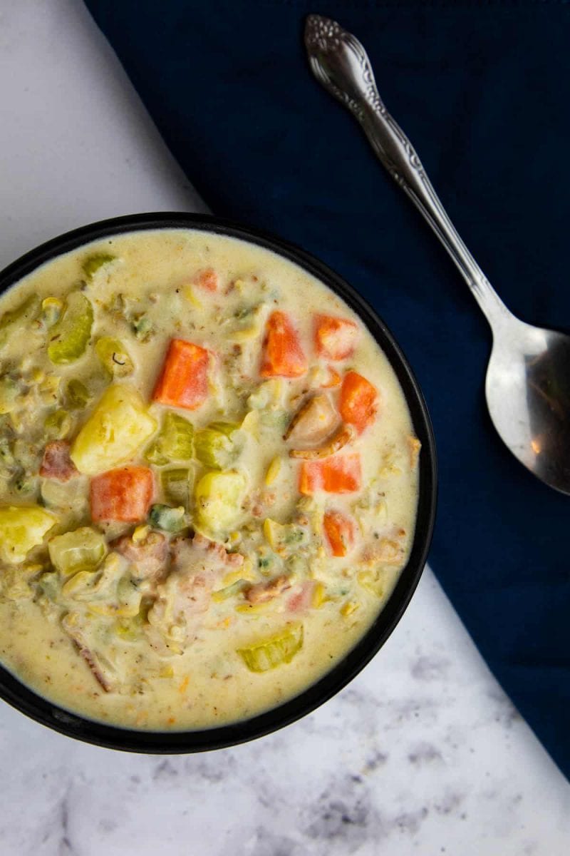Clam Chowder in black bowl