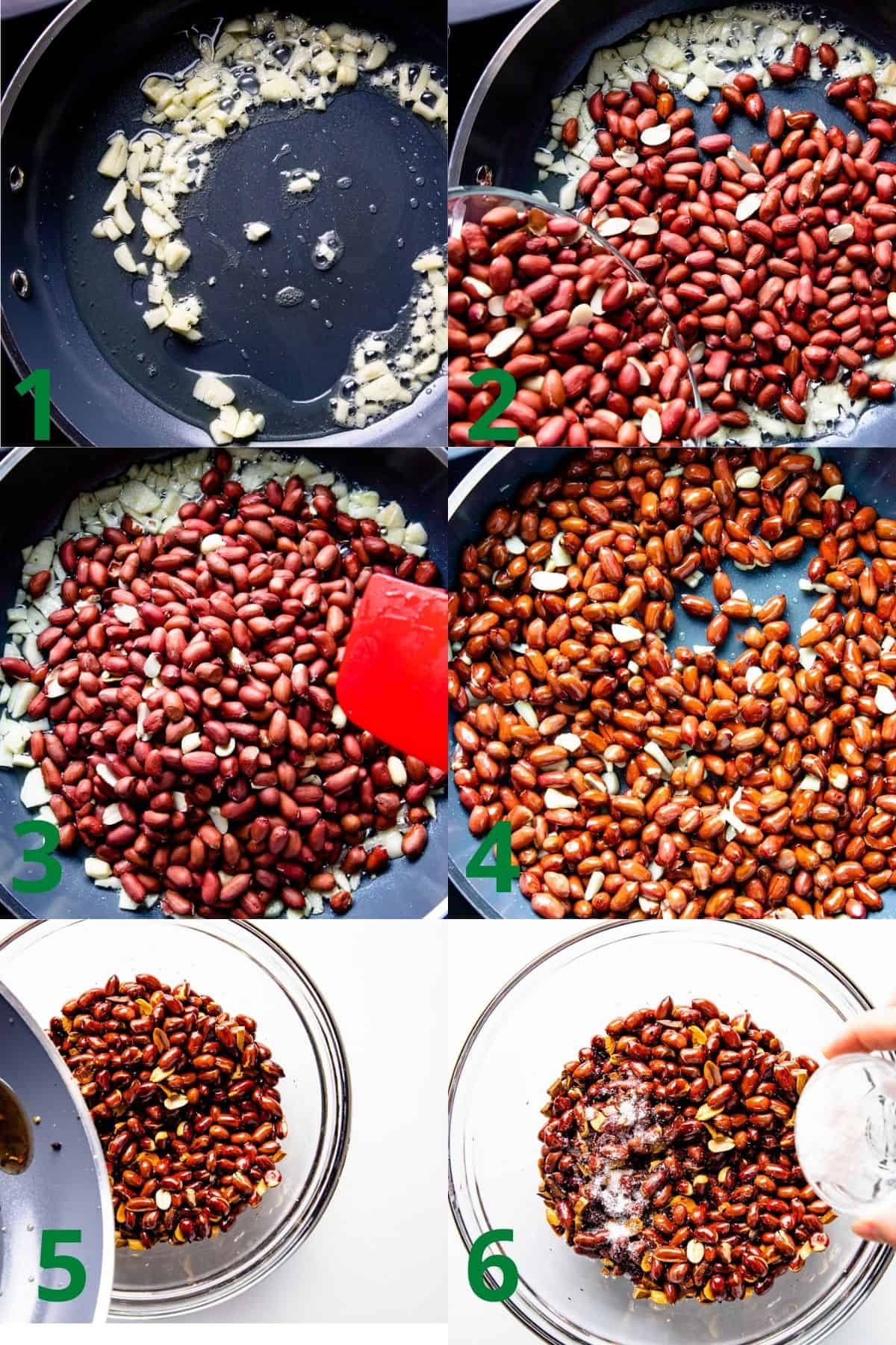 collage steps for cooking fried peanut kernels.