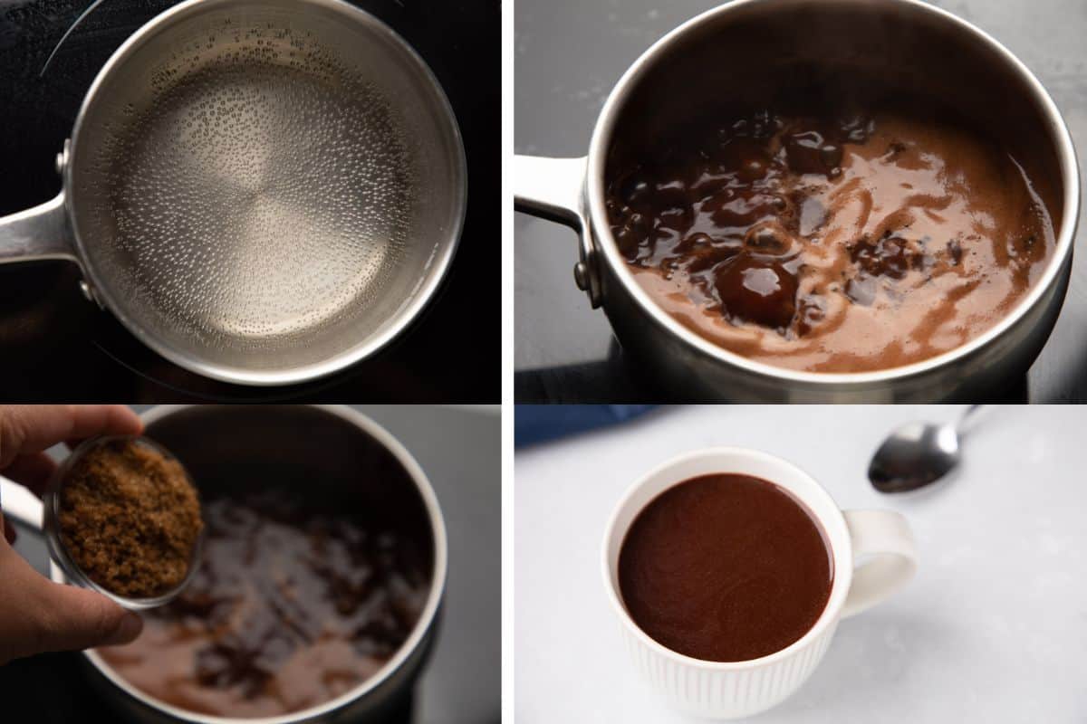collage of procedures on making chocolate drink.